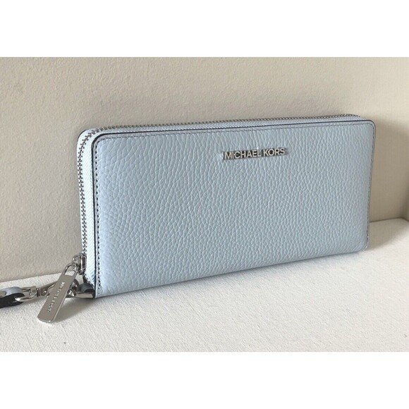New Michael Kors Jet Set Large Travel Continental Wallet Leather Pale Ocean - Picture 3 of 5